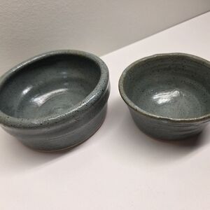 Studio Pottery 2pc Bowl Set Grey Blue Textured Brown Speckles